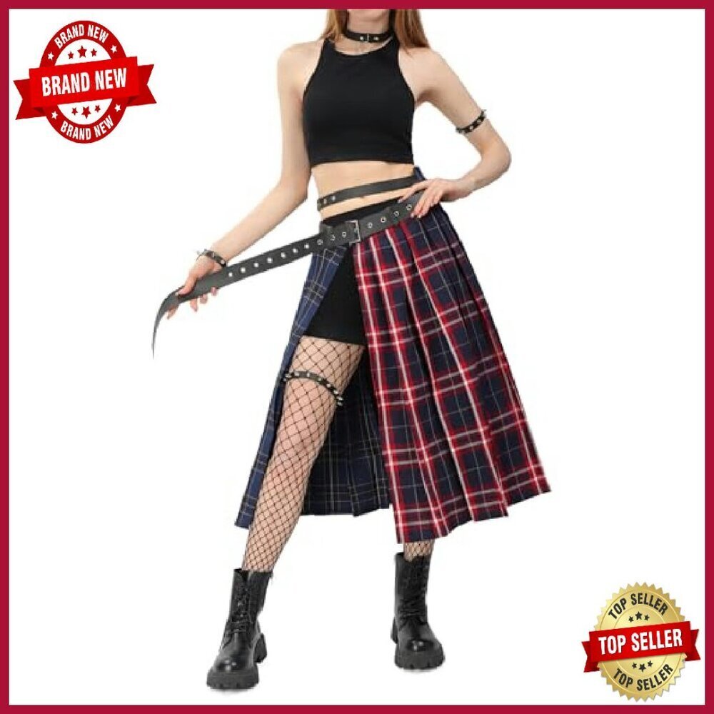 Plaid Pleated Midi Skirt with Belt, Side Slit, Polyester, US Size - Picture 3 of 8
